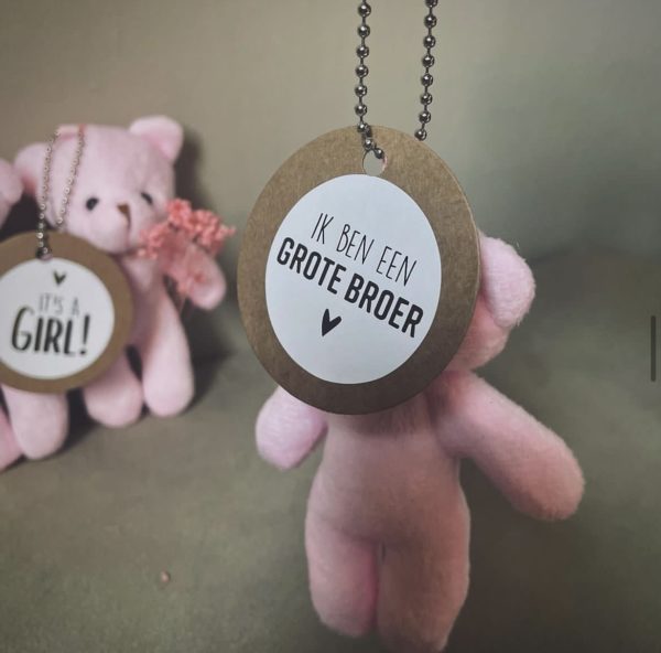 roze teddybeer hanger met label